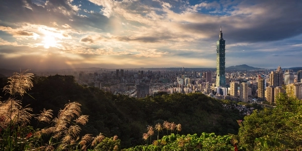 This image shows the Taipei skyline and the sunset